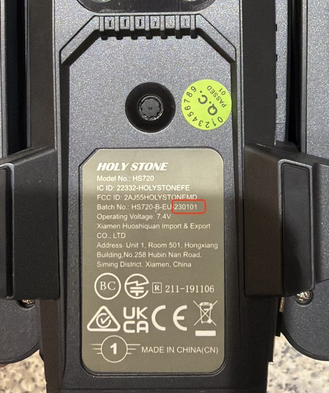 Holy Stone HS720 HS720E HS710 Drone Batch Number