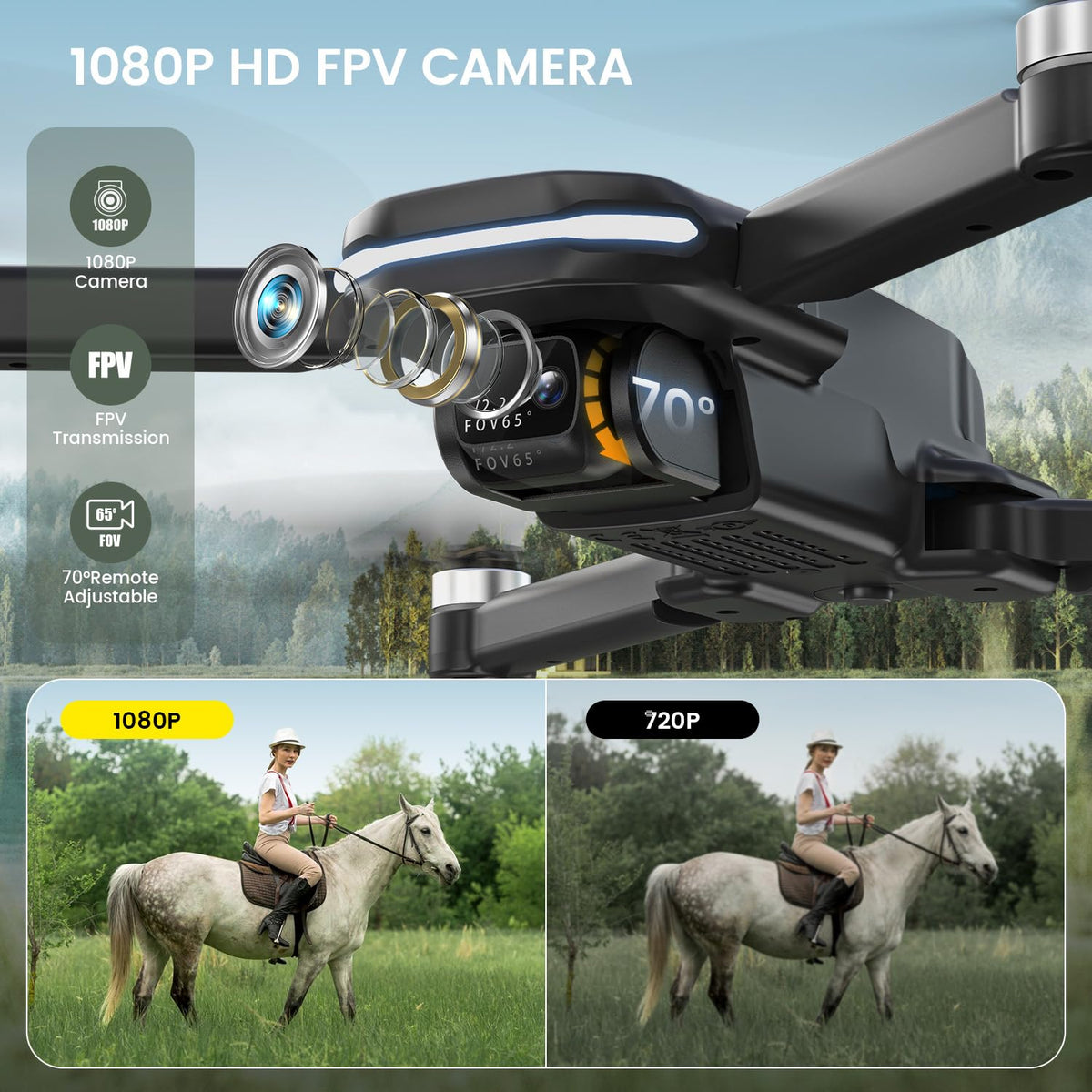 1080P FPV camera drone with 70-degree adjustable lens