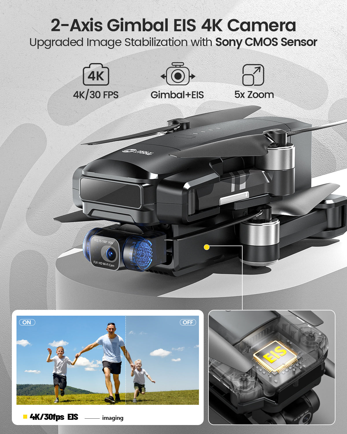 4K camera with 2-axis gimbal and EIS stabilization
