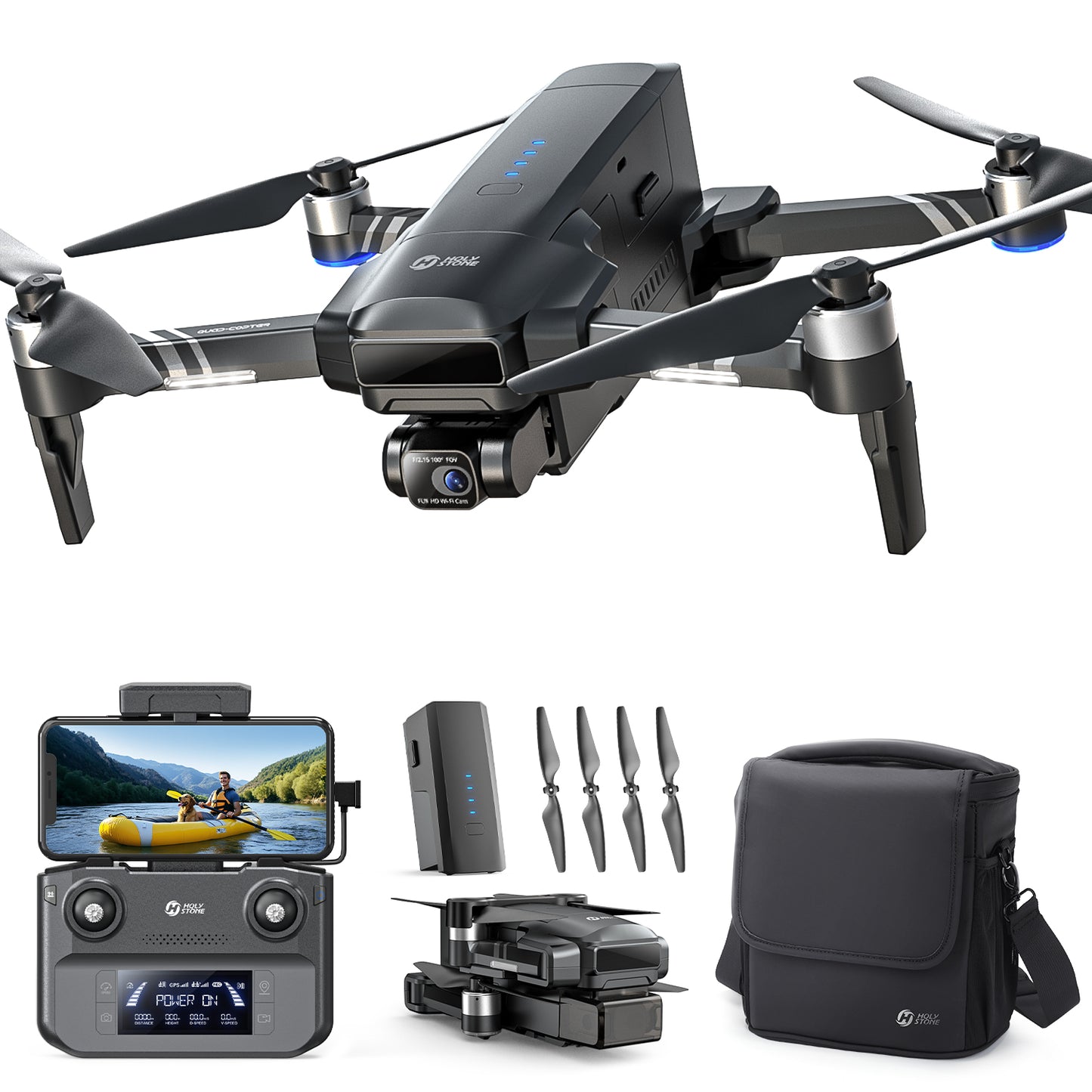 4K GPS drone with controller, modular battery, propellers and carrying case