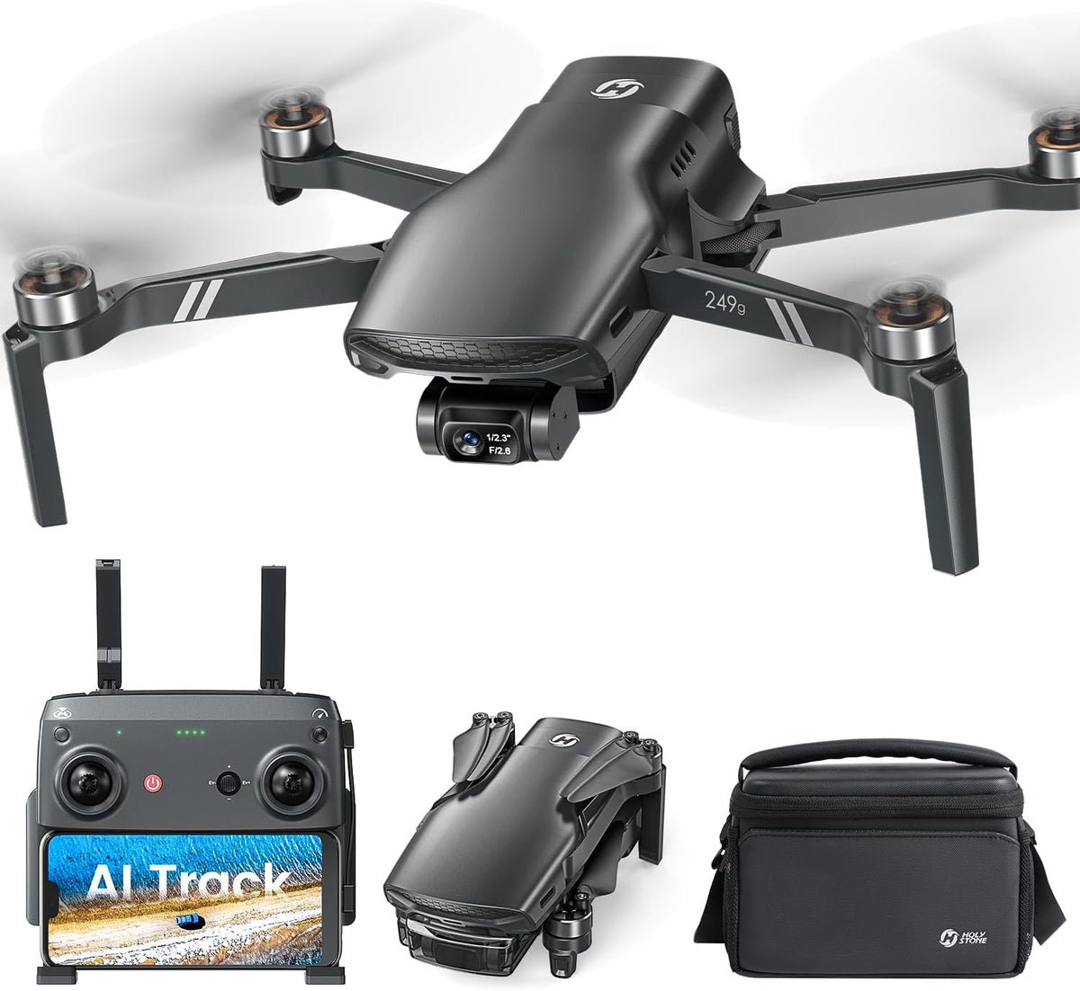 Foldable GPS drone with controller, folded drone, and carrying bag 
