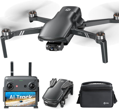 Foldable GPS drone with controller, folded drone, and carrying bag