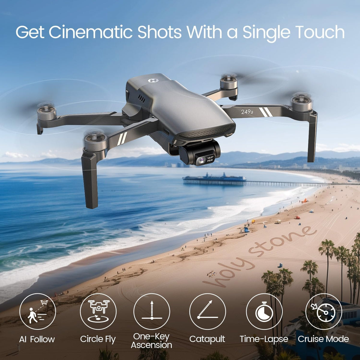 Lightweight drone flying over the beach with one-touch cinematic shooting modes