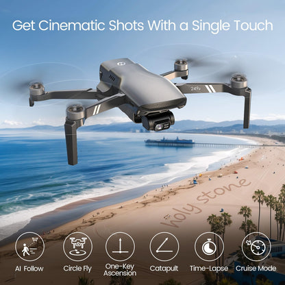 Lightweight drone flying over the beach with one-touch cinematic shooting modes
