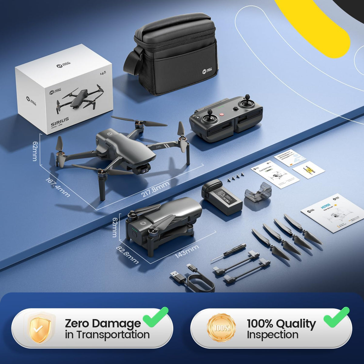 Drone package layout with aircraft, controller, battery, charger, carrying bag, and accessories