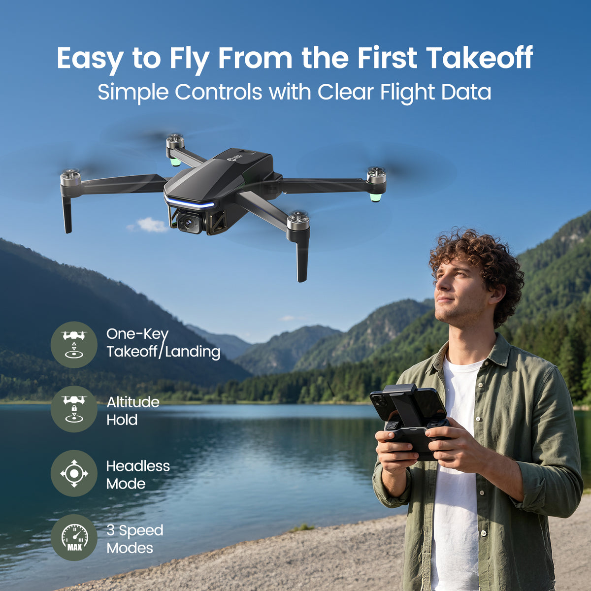 Beginner-friendly HS175D Plus drone with one-key takeoff, altitude hold, headless mode and three speed modes