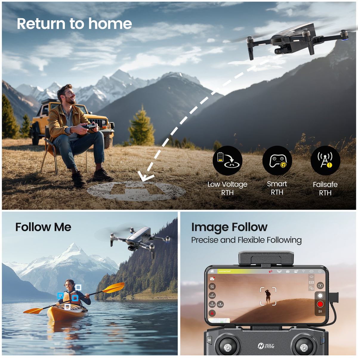 GPS drone with Return to Home, Follow Me and Image Follow functions