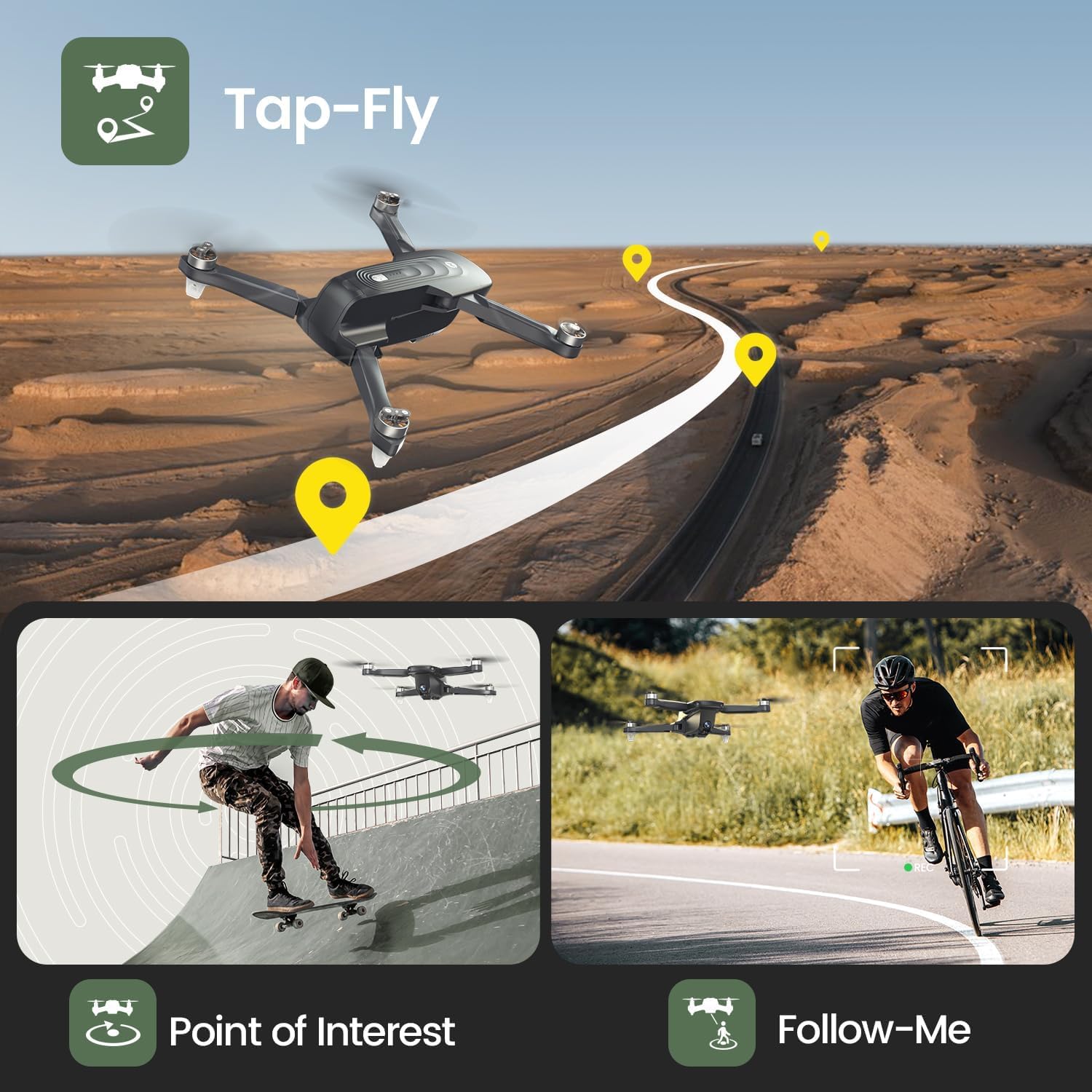 GPS drone with Tap Fly, Point of Interest and Follow Me flight modes