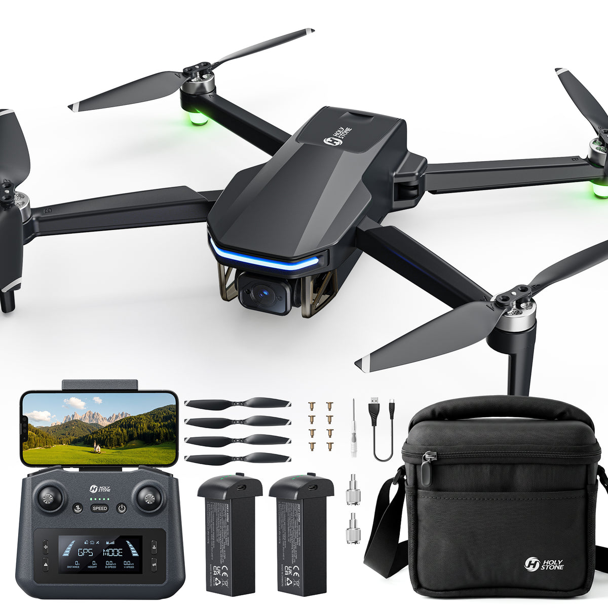 Holy Stone HS175D Plus GPS drone with remote controller, two batteries, spare propellers and carrying case