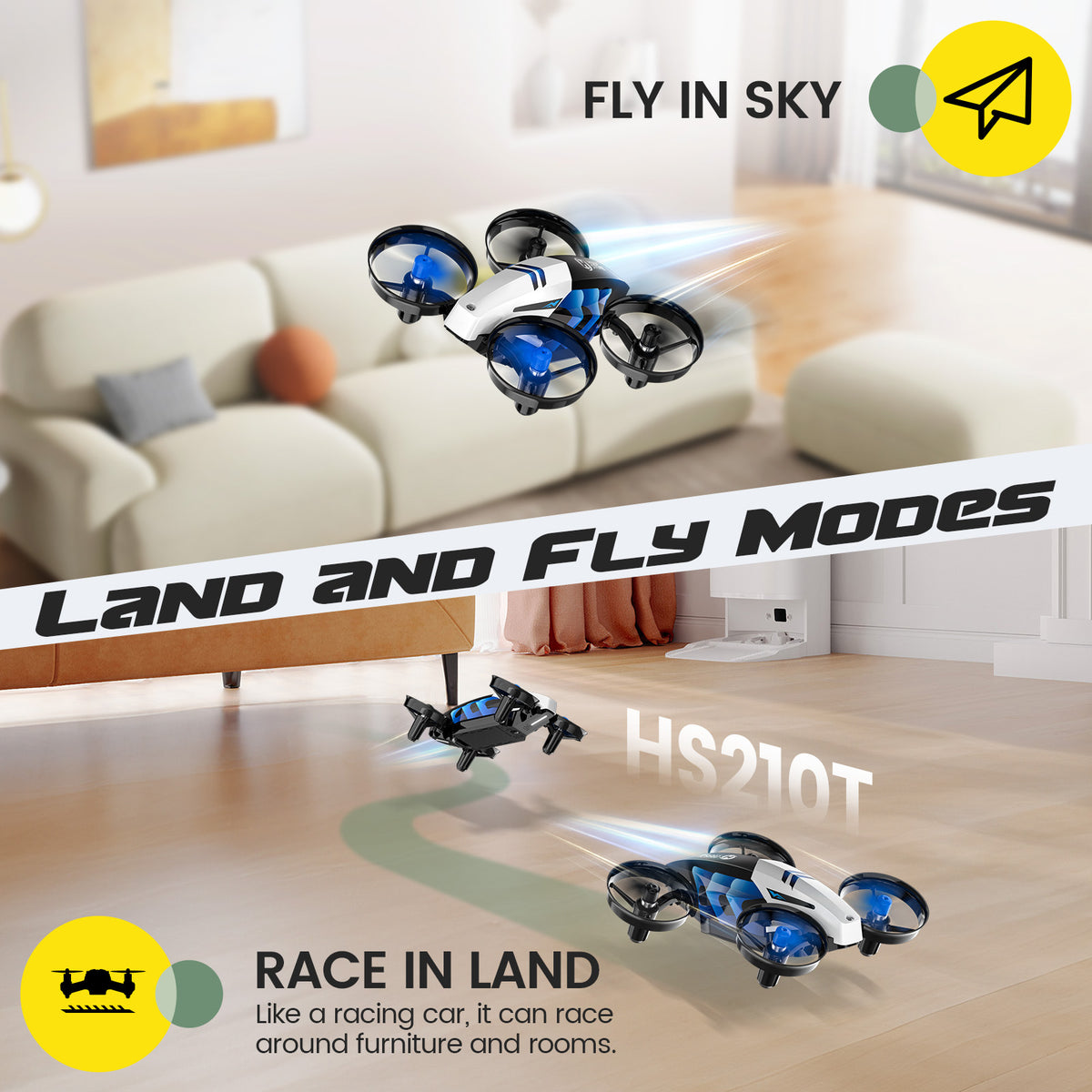 Holy Stone HS210T kids drone flying in air and racing on land