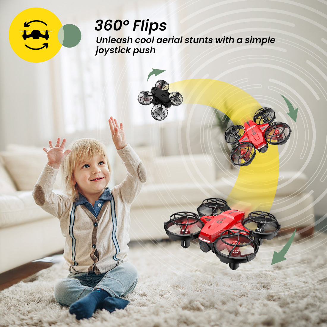 Holy Stone HS420 kids drone performing 360 degree flips for indoor flying fun