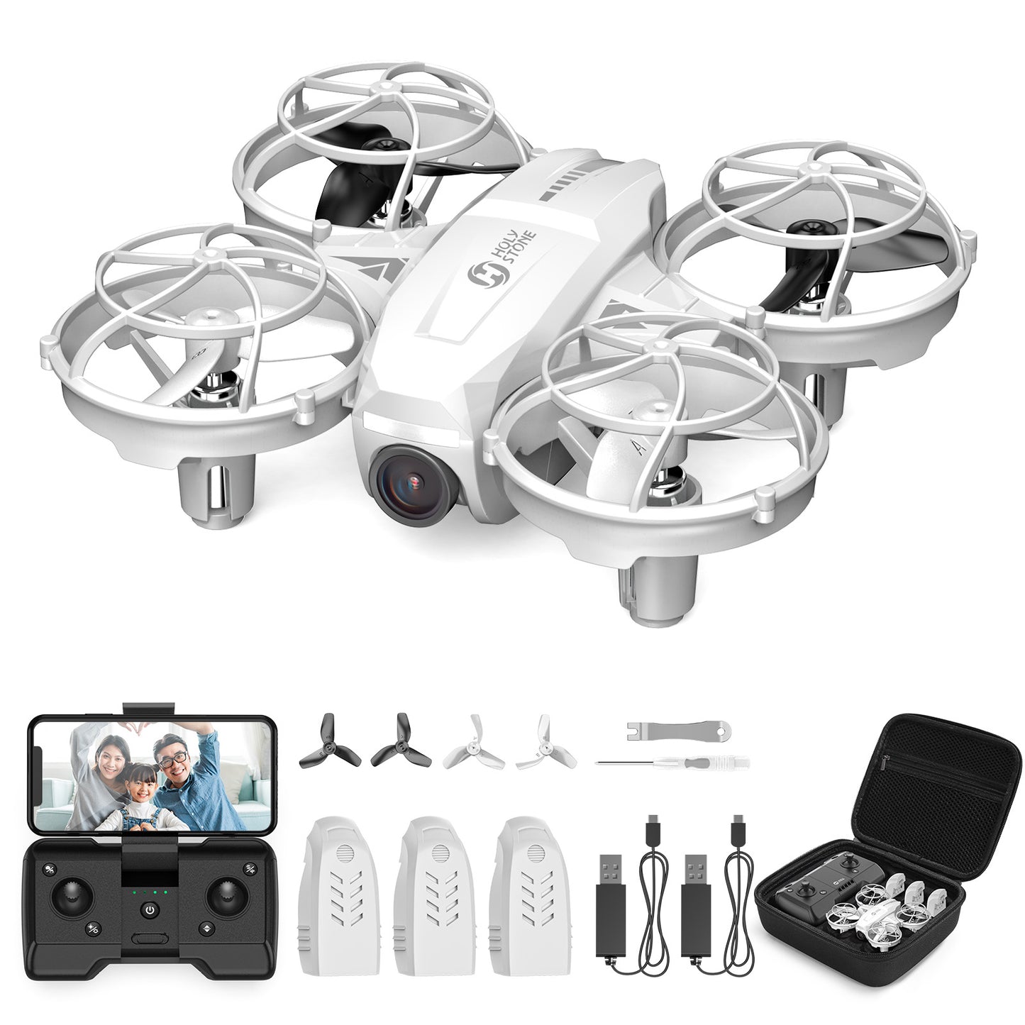 Holy Stone HS420 white 1080P mini camera drone with remote controller, 3 batteries and carrying case