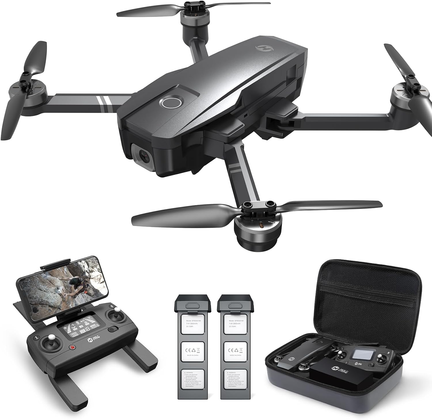 Holy Stone HS720 4K GPS drone with remote controller, two batteries and carrying case