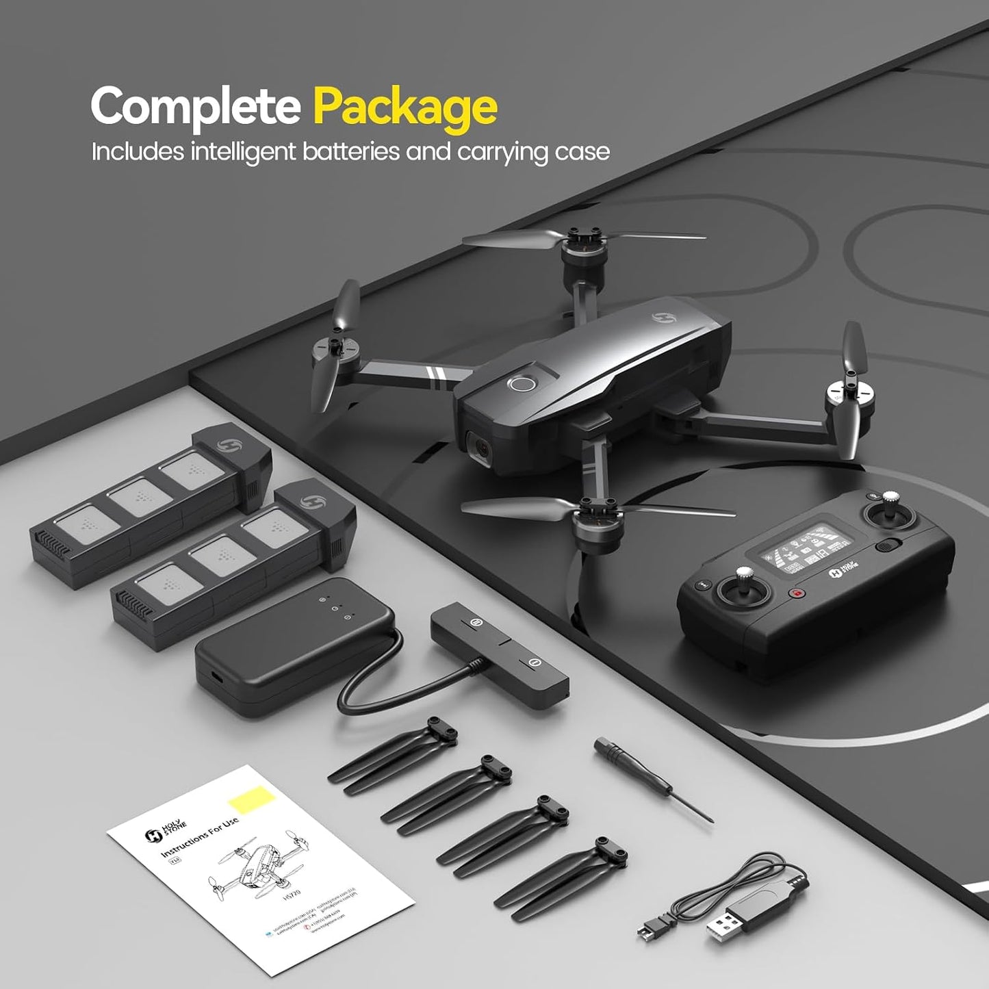 Holy Stone HS720 complete package with remote controller, batteries, carrying case and accessories