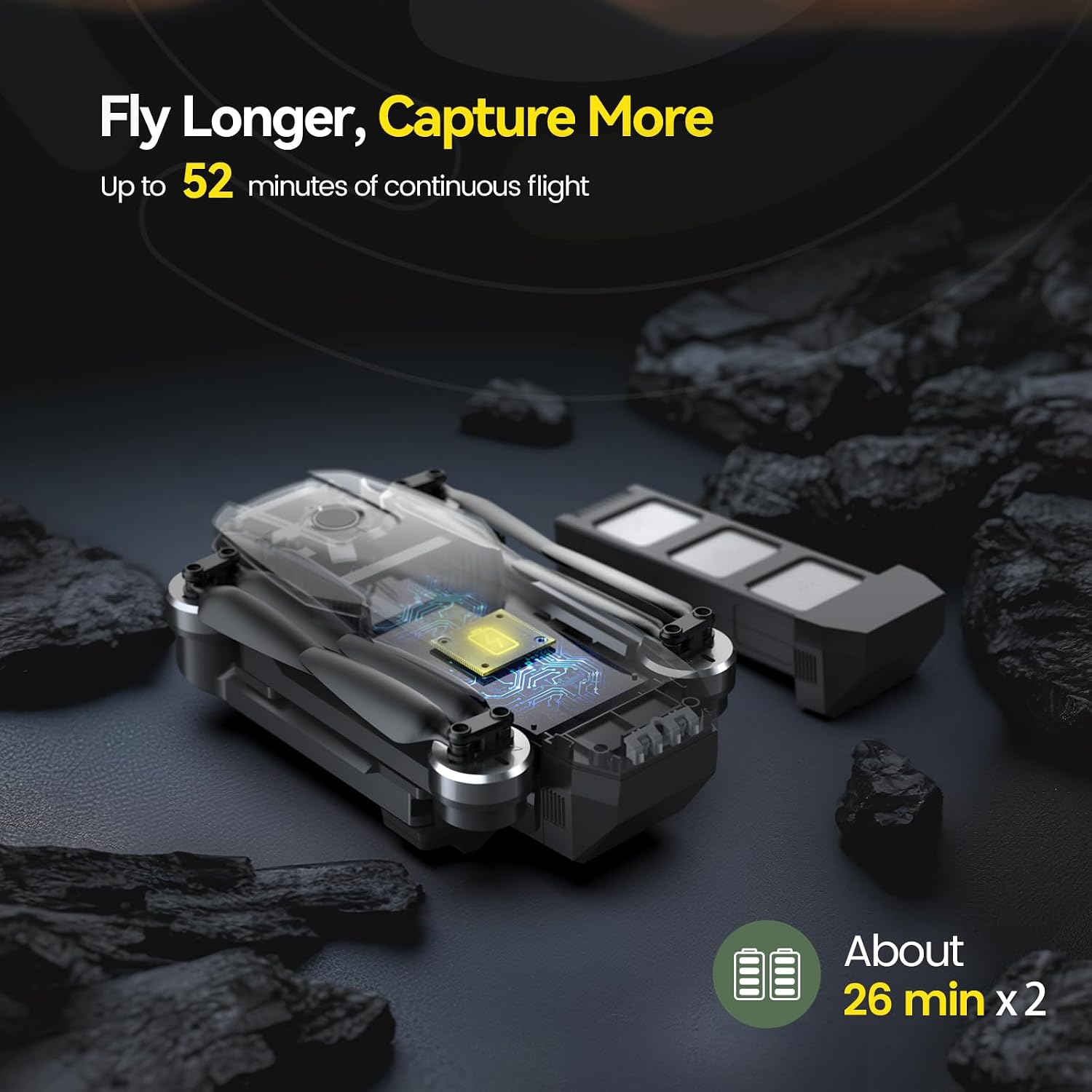Holy Stone HS720 drone with two batteries providing up to 52 minutes of total flight time