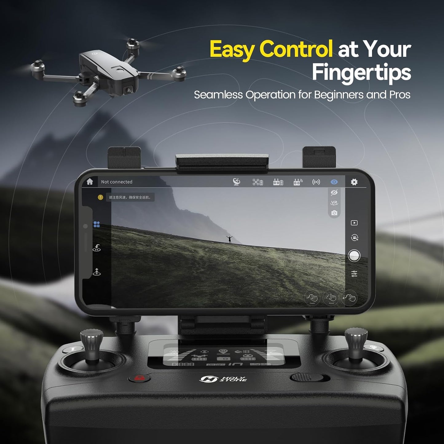 Holy Stone HS720 remote controller with smartphone display for easy flight control