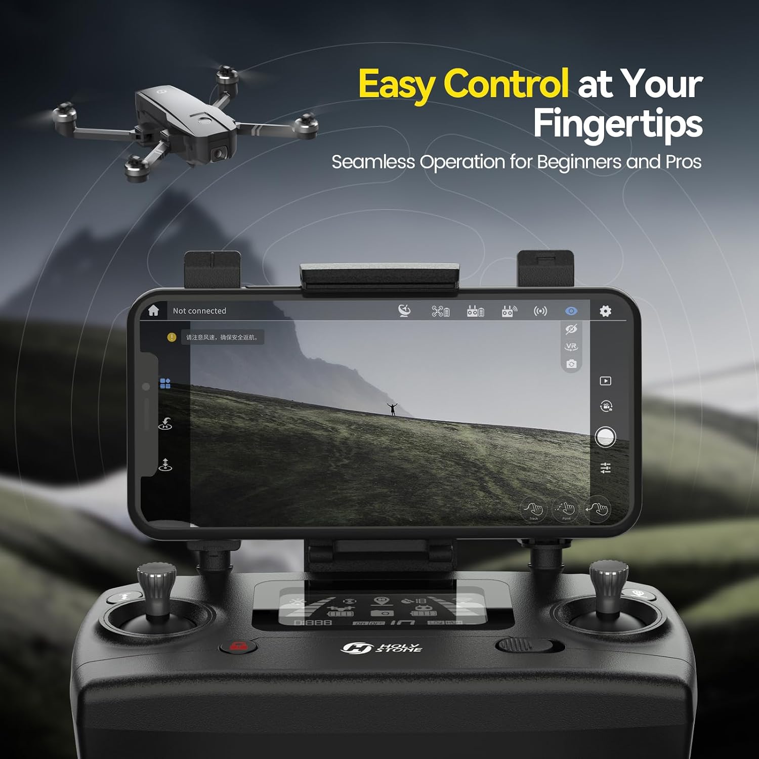 Holy Stone HS720 remote controller with smartphone display for easy flight control