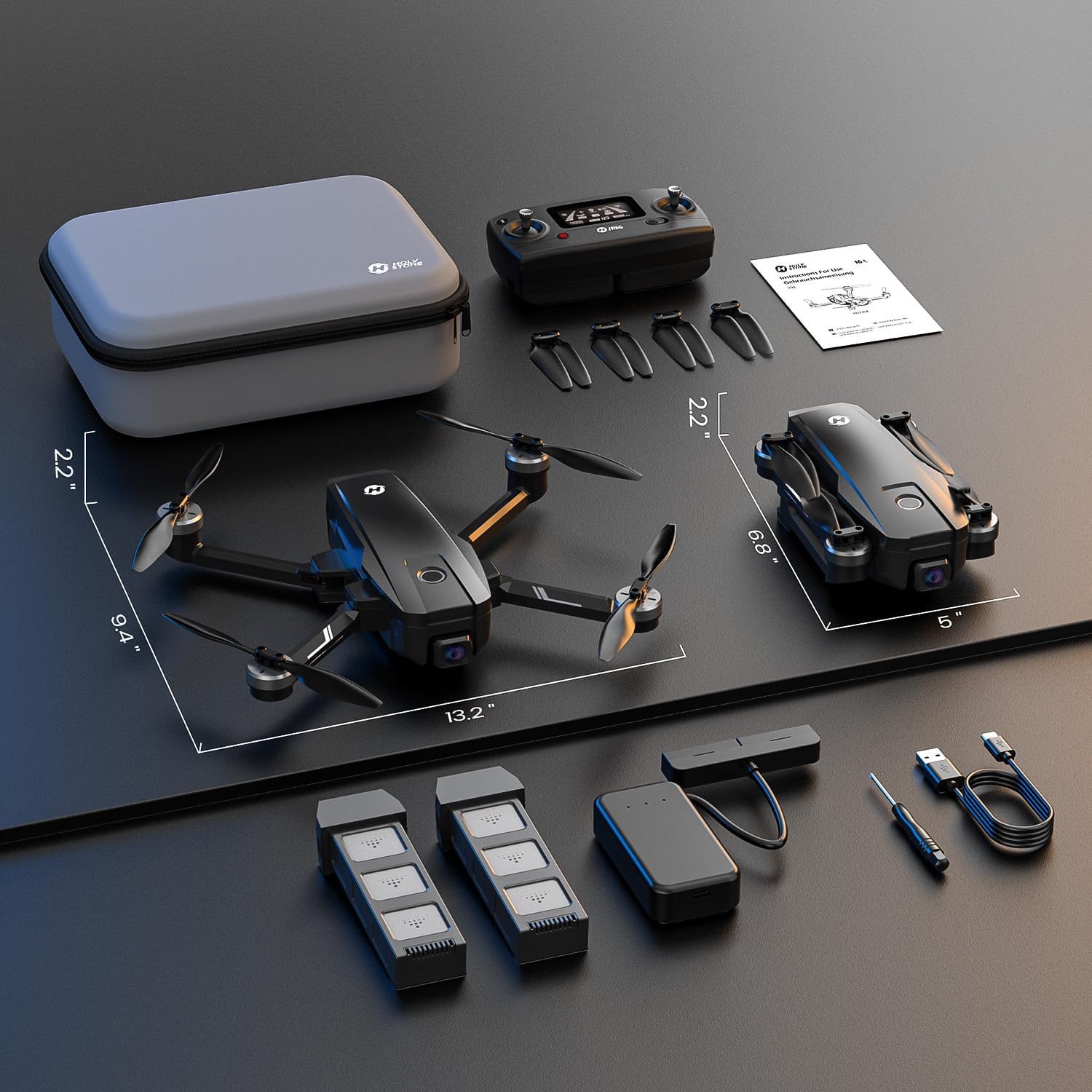 Holy Stone HS720E complete package with drone, remote controller, batteries and accessories