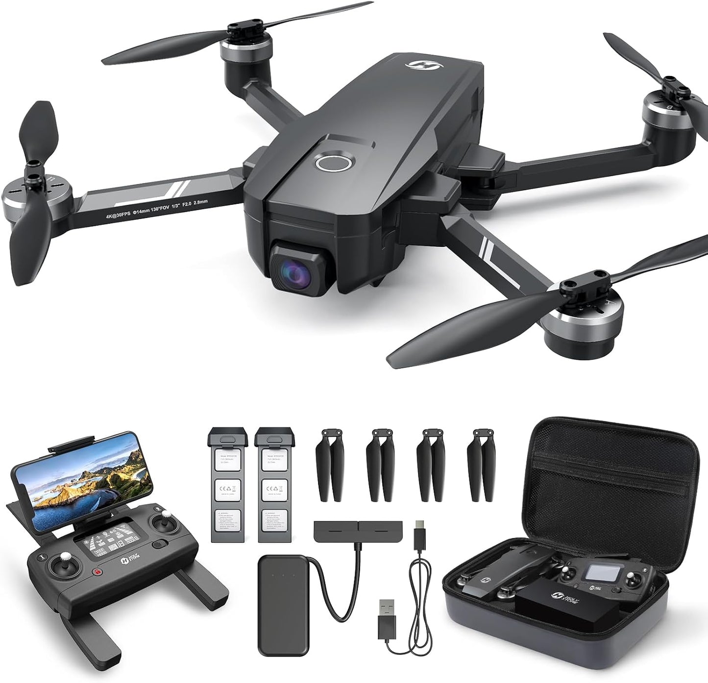 Holy Stone HS720E drone package with remote controller, batteries, carrying case and accessories