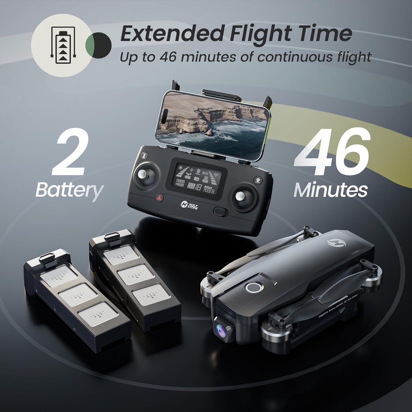 Holy Stone HS720E drone with two batteries providing up to 46 minutes of total flight time