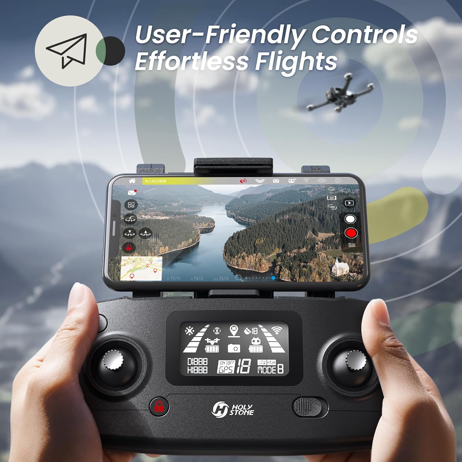 Holy Stone HS720E remote controller with smartphone display for easy flight control