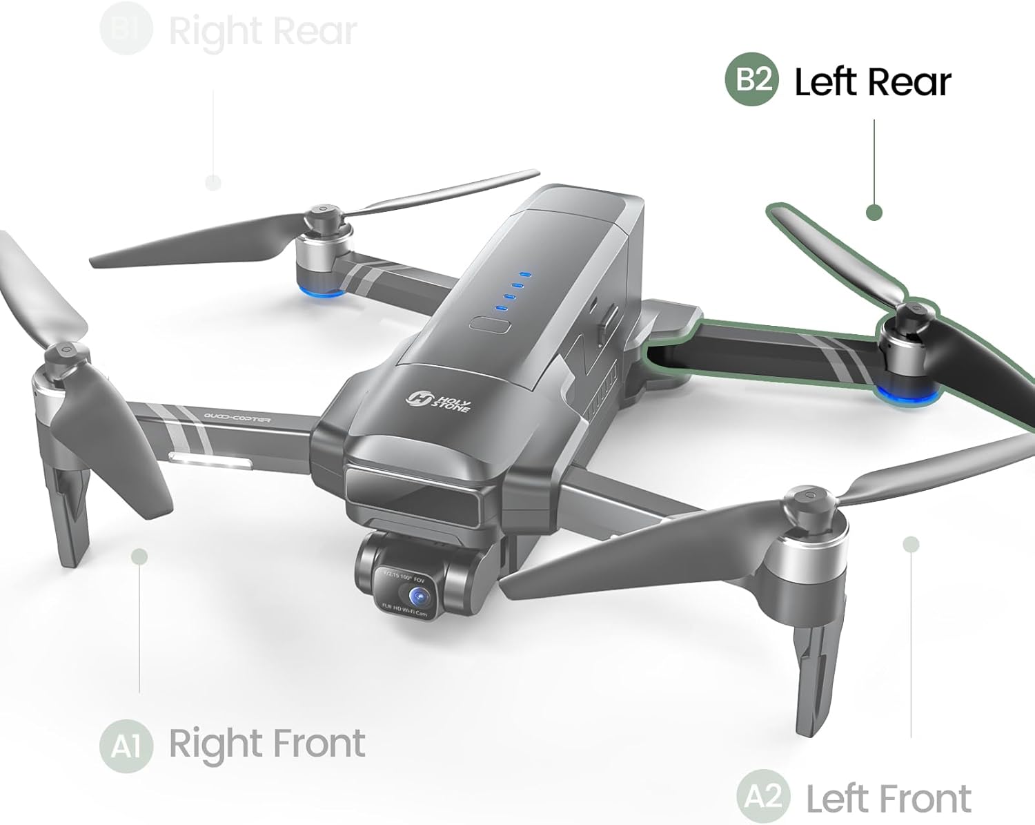 Holy Stone HS600 WiFi FPV version, HS600 wire FPV version and HS600D drone rear left arm position