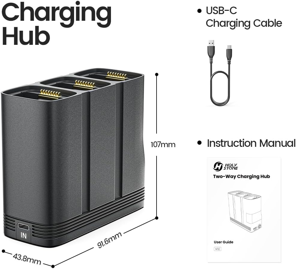 Holy Stone HS900 battery charging hub dimensions and package contents