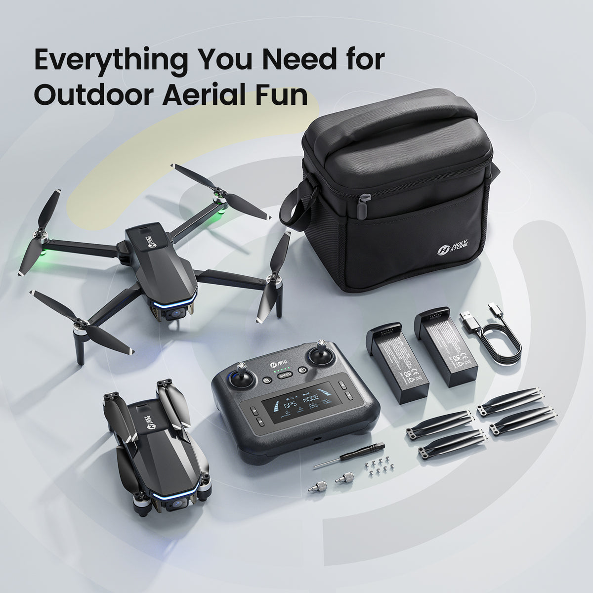 HS175D Plus drone kit with controller, two batteries, carrying case and essential accessories