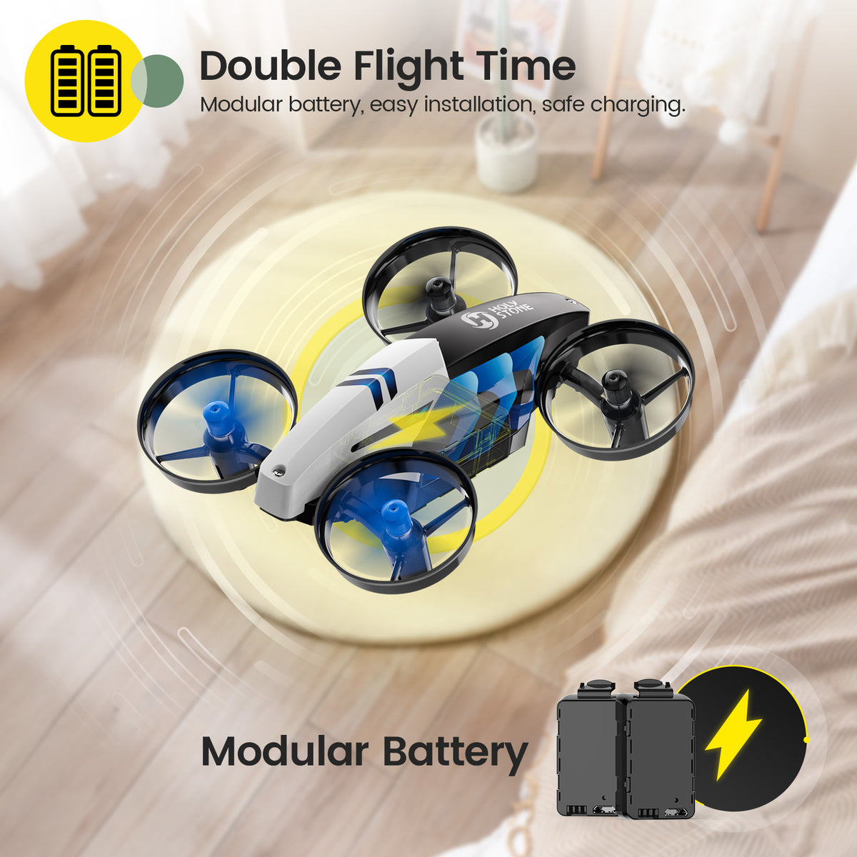 HS210T kids drone with two modular rechargeable batteries