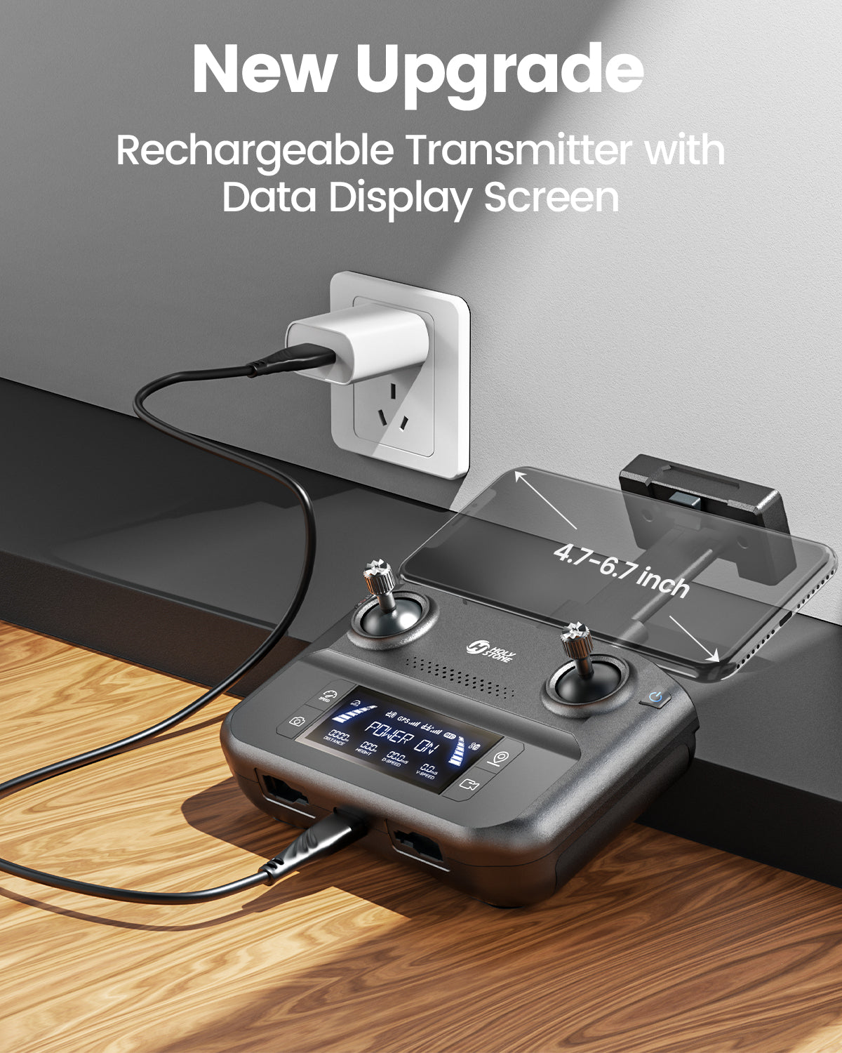 Rechargeable drone transmitter with LCD data display screen