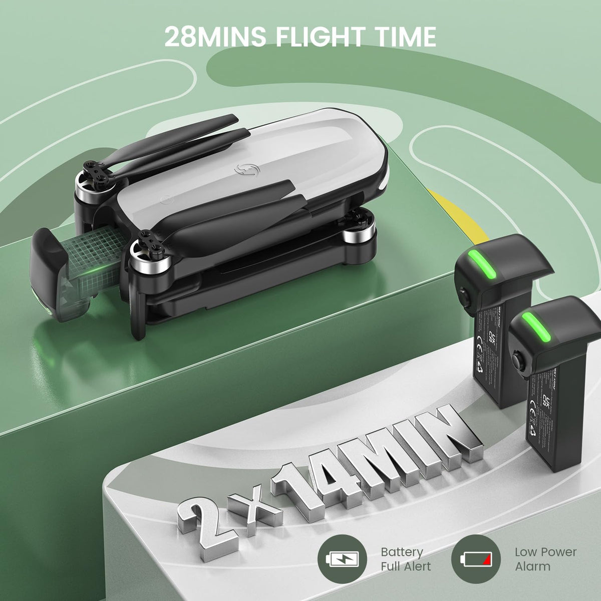 Two rechargeable drone batteries providing up to 28 minutes of total flight time