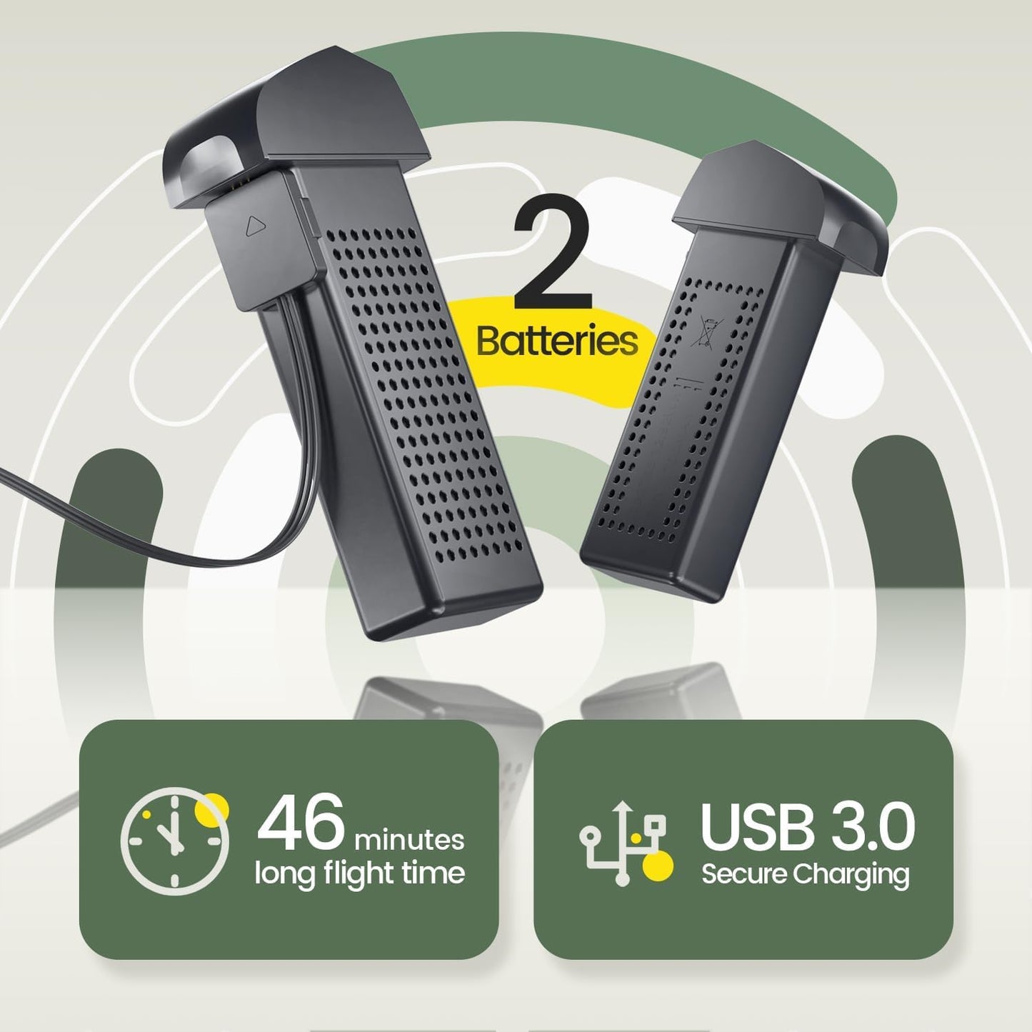 Two rechargeable drone batteries providing up to 46 minutes of total flight time